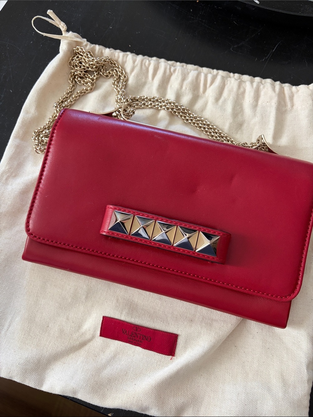 Valentino Red Va Va Voom Leather Crossbody with Gold-Tone Stud Chain Clutch